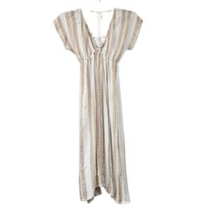 New With Tags Surf Gypsy Sz Medium Gold Lurex Dress Cover-up Gauze Sheer Deep V